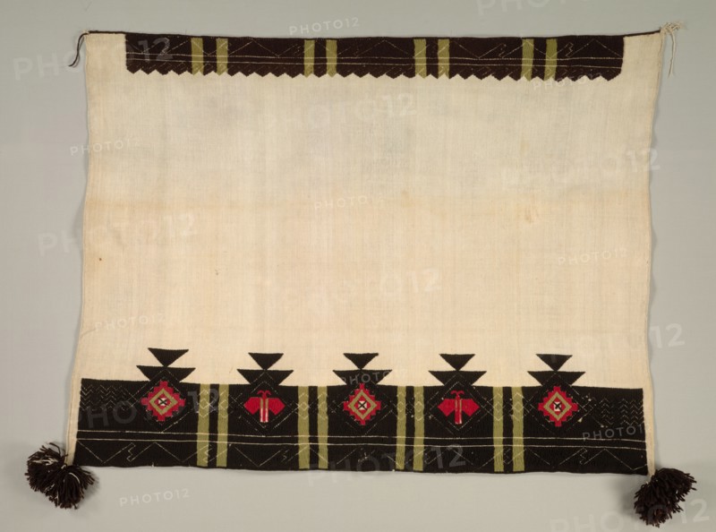 Ceremonial Manta , c. 1863-1874. America, Native North American, Southwest, Pueblo, Post-Contact, Late Classic Period. Plain weave with embroidery: cotton and wool (handspun, Gernamtown, and bayeta); overall: 124 x 165 cm (48 13/16 x 64 15/16 in.).