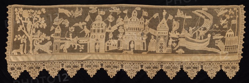 Border with Battle Scene, 18th century. Russia, 18th century. Needle lace, burato (twined ground and darned in one and two directions) and bobbin lace edging; unbleached linen (est.); overall: 61.1 x 192.5 cm (24 1/16 x 75 13/16 in.).