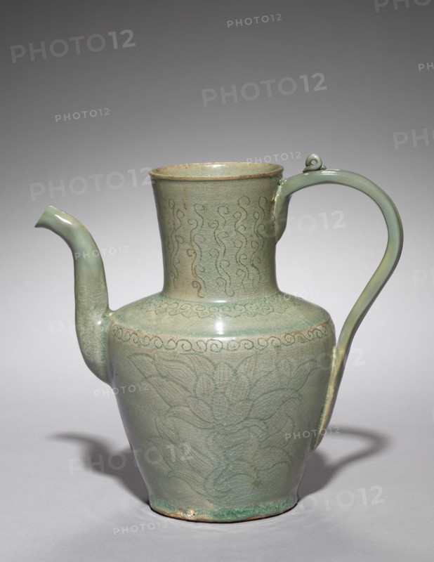 Wine Pot with Incised Lotus Design, 918-1392. Korea, Goryeo period (918-1392). Celadon ware with incised and carved decoration; overall: 22.4 cm (8 13/16 in.).