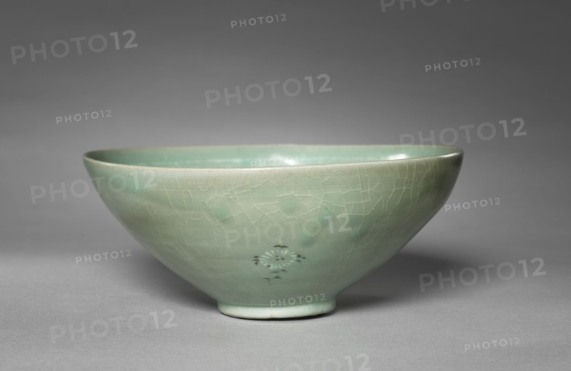 Bowl with Inlaid Chrysanthemum and Peony Design, 918-1392. Korea, Goryeo period (918-1392). Pottery; diameter: 19.5 cm (7 11/16 in.); overall: 8.3 cm (3 1/4 in.).