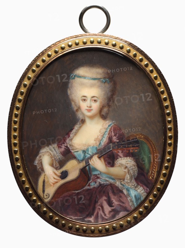 Portrait of a Woman with a Guitar, called Louise D'Aumont, Mazarin, Duchesse d'Aumont, late 18th century. Antoine Vestier (French, 1740-1824). Watercolor on ivory in gold mount; framed: 8.7 x 7.3 cm (3 7/16 x 2 7/8 in.); unframed: 7.5 x 6.1 cm (2 15/16 x 2 3/8 in.).