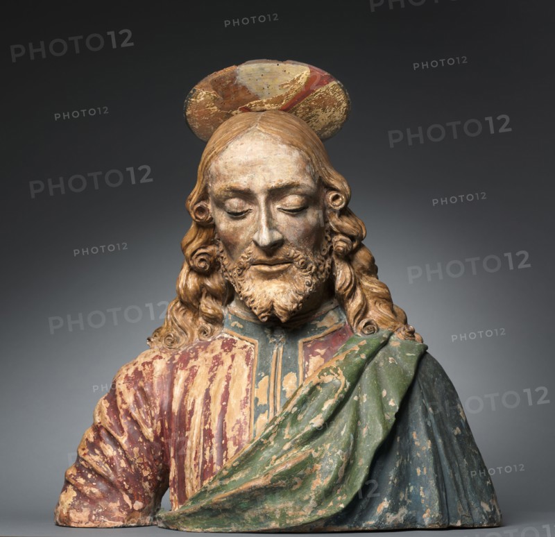 Bust of Christ, c. 1470-1500. Workshop of Andrea del Verrocchio (Italian, 1435-1488). Painted terracotta and wood; overall: 57.2 x 53.3 x 29.2 cm (22 1/2 x 21 x 11 1/2 in.).