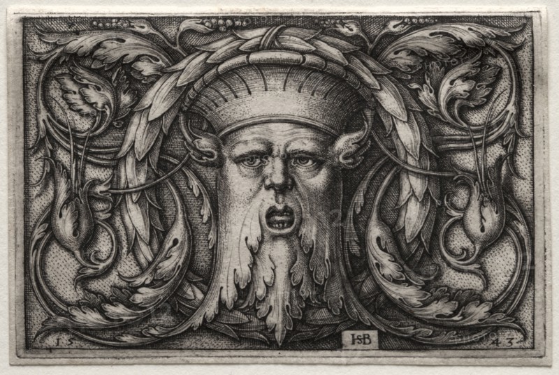 Ornament of Satyr's Head and Wreath, 1543. Hans Sebald Beham (German, 1500-1550). Engraving