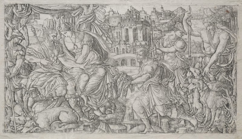 Huntsman Presenting a Gift to a King. Jean Duvet (French, 1485-1561). Engraving