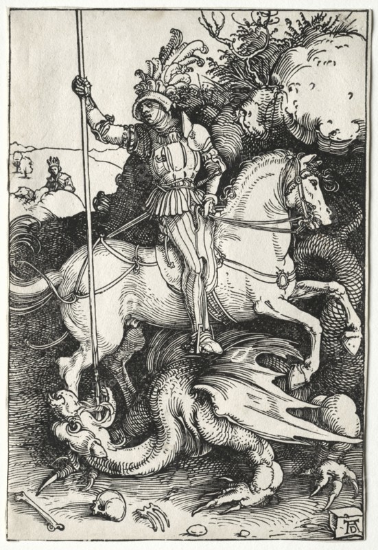 St. George Killing the Dragon, 1500s. Albrecht Dürer (German, 1471-1528). Woodcut; sheet: 21.1 x 14.3 cm (8 5/16 x 5 5/8 in.); mat size: 48.9 x 36.3 cm (19 1/4 x 14 5/16 in.)