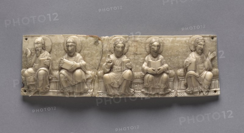 Plaque from a Portable Altar: Christ and the Apostles, 1050-1100. Germany, Lower Rhine Valley, Romanesque period, 11th century. Walrus ivory; overall: 5.1 x 16.5 cm (2 x 6 1/2 in.).