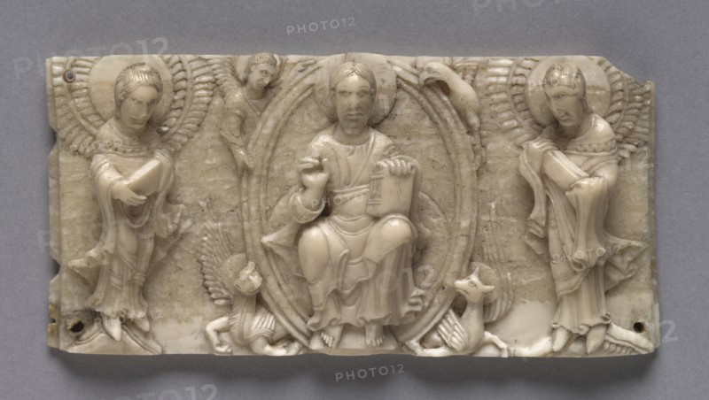 Plaque from a Portable Altar Showing Christ and the Apostles, 1050-1100. Germany, Lower Rhine Valley, Romanesque period, 11th century. Walrus ivory; overall: 5.1 x 10.8 cm (2 x 4 1/4 in.).