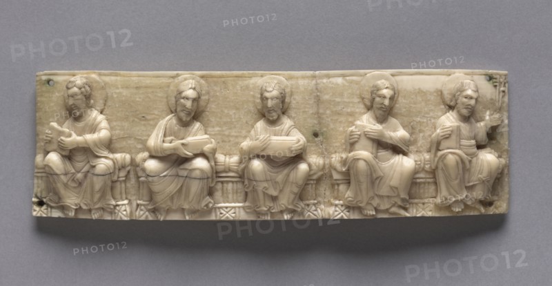 Plaque from a Portable Altar Showing Christ and the Apostles, 1050-1100. Germany, Lower Rhine Valley, Romanesque period, 11th century. Walrus ivory; overall: 5.1 x 16.5 cm (2 x 6 1/2 in.).