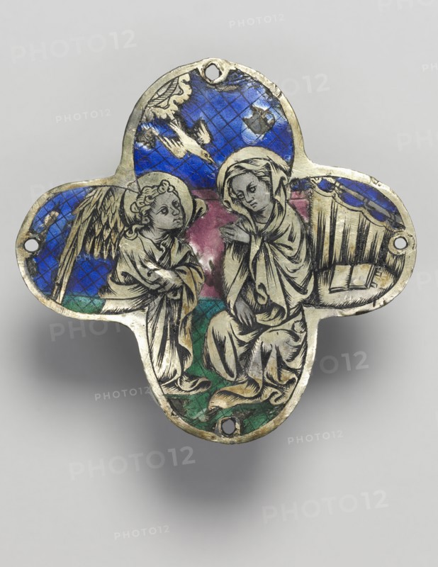Quatrilobed Plaque: The Annunciation, c. 1350-1400. Spain, Catalonia?, 14th century. Translucent enamel (basse-taille) on silver; overall: 8.3 x 8.3 cm (3 1/4 x 3 1/4 in.).