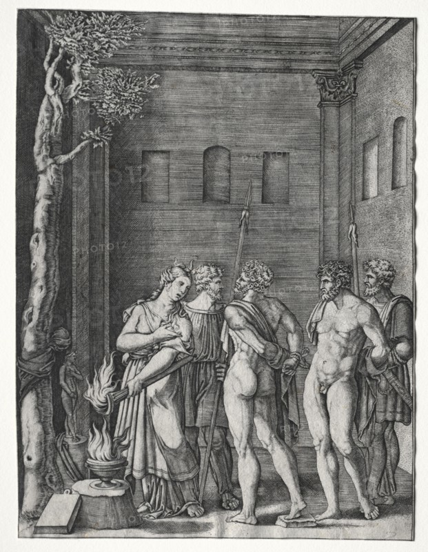 Orestes and Pylades brought to Iphigenia for Sacrifice, 1514/1536. Agostino Musi (Italian, 1490-1540). Engraving; sheet: 25.9 x 19.4 cm (10 3/16 x 7 5/8 in.)