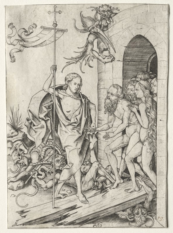 Passion of Jesus Christ:  The Descent into Limbo, 1400s. Master AG (German). Engraving; sheet: 14.7 x 10.5 cm (5 13/16 x 4 1/8 in.); mat size: 36.3 x 24.5 cm (14 5/16 x 9 5/8 in.)