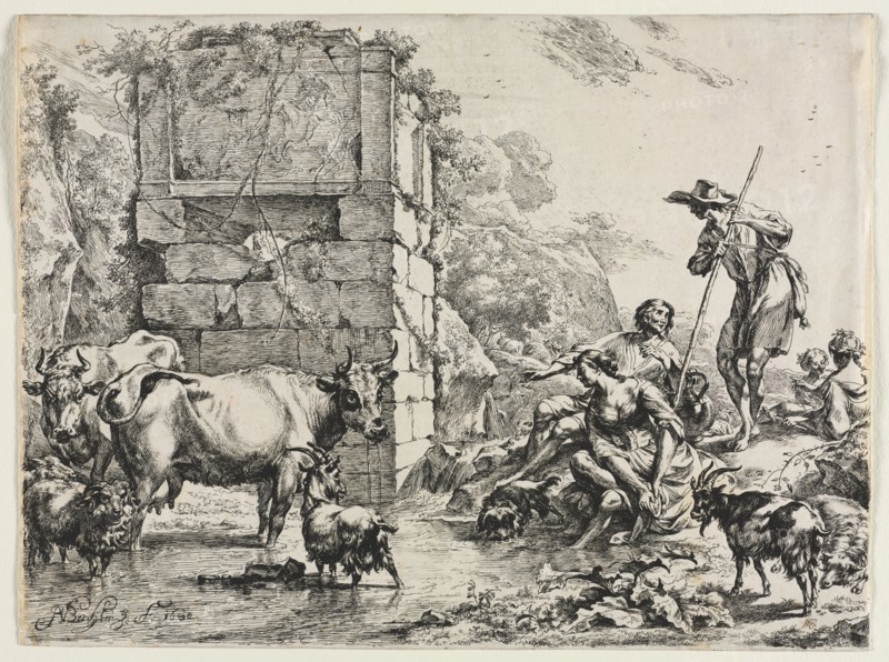 The Cow Drinking. Nicolaes Berchem (Dutch, 1620-1683). Etching