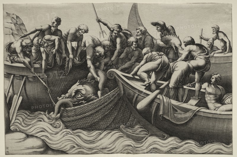 The Haul of Monstrous Fish, mid-1500s. Adamo Scultori (Italian, c. 1530-1585), after Giulio Romano (Italian, 1492/99-1546). Engraving; sheet: 20.7 x 31.2 cm (8 1/8 x 12 5/16 in.)