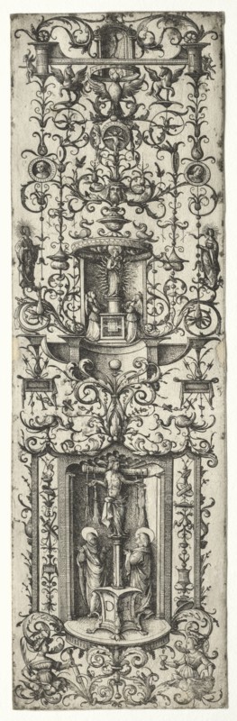 Ornamental fillet with the crucifixion and the virgin and child. Daniel I Hopfer (German, c. 1470-1536). Etching