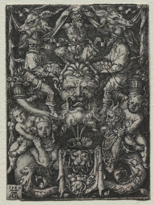 Ornament Design with a Mask, A Couple of Tritons, and Two Children Below, 1549. Heinrich Aldegrever (German, 1502-1555/61). Engraving