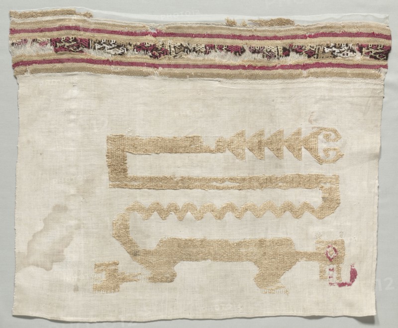 Fragment from a Mantle, c. 1100-1400. Peru, North Coast, Chimu Culture, 12th-15th century. Tabby, brocaded; border: single-face pattern weave (fancy twill); cotton and wool; average: 52.1 x 64.8 cm (20 1/2 x 25 1/2 in.).