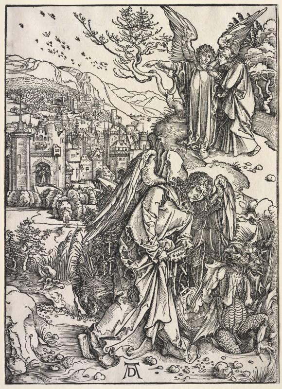 Revelation of St. John: Angel with the Key of the Bottomless Pit, 1511. Albrecht Dürer (German, 1471-1528). Woodcut