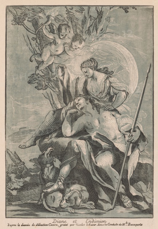 Diana and Endymion. Nicolas LeSueur (French, 1691-1764), after Sebastian Conca (Italian, 1680-1764). Chiaroscuro woodcut; sheet: 62.1 x 44.7 cm (24 7/16 x 17 5/8 in.); image: 44.7 x 31.1 cm (17 5/8 x 12 1/4 in.)