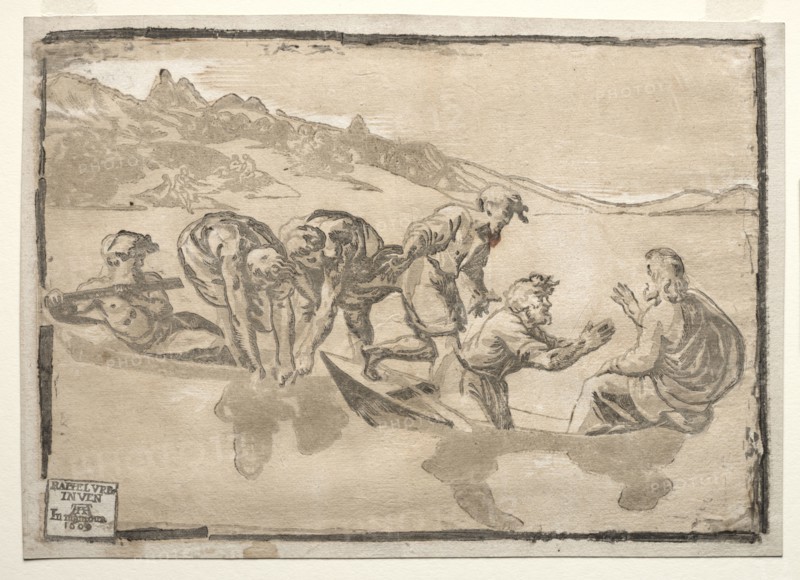 The Miraculous Draught of Fishes. Ugo da Carpi (Italian, c. 1479-c. 1532), after Raphael (Italian, 1483-1520). Chiaroscuro woodcut