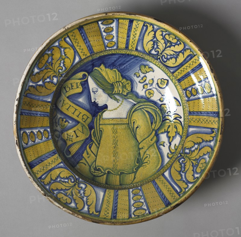 Plate, c. 1500-1510. Italy, Deruta, early 16th century. Tin-glazed earthenware with yellow and blue lustre (maiolica); diameter: 8.6 x 41.3 cm (3 3/8 x 16 1/4 in.).