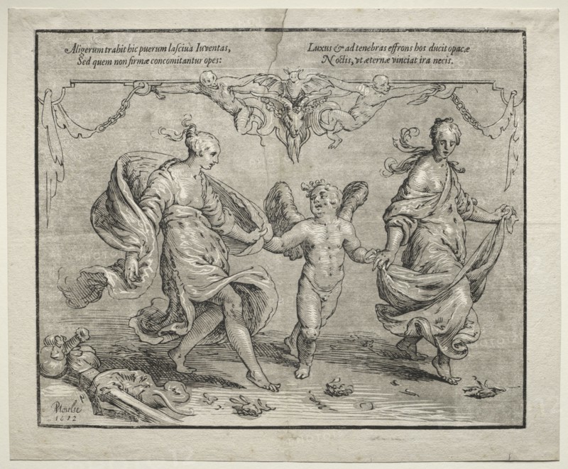 Cupid dancing with two allegorical women, 1612. Paulus Moreelse (Dutch, 1571-1638). Chiaroscuro woodcut