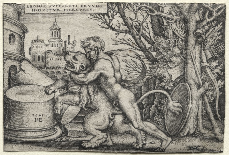 The Labors of Hercules: Hercules Strangling the Nemean Lion, 1548. Hans Sebald Beham (German, 1500-1550). Engraving