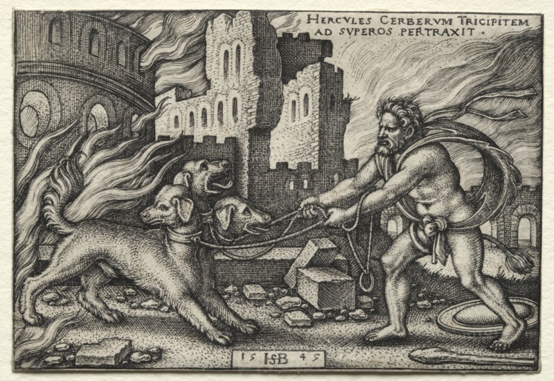 The Labors of Hercules: Hercules Dragging Cerberus from the Underworld, 1545. Hans Sebald Beham (German, 1500-1550). Engraving