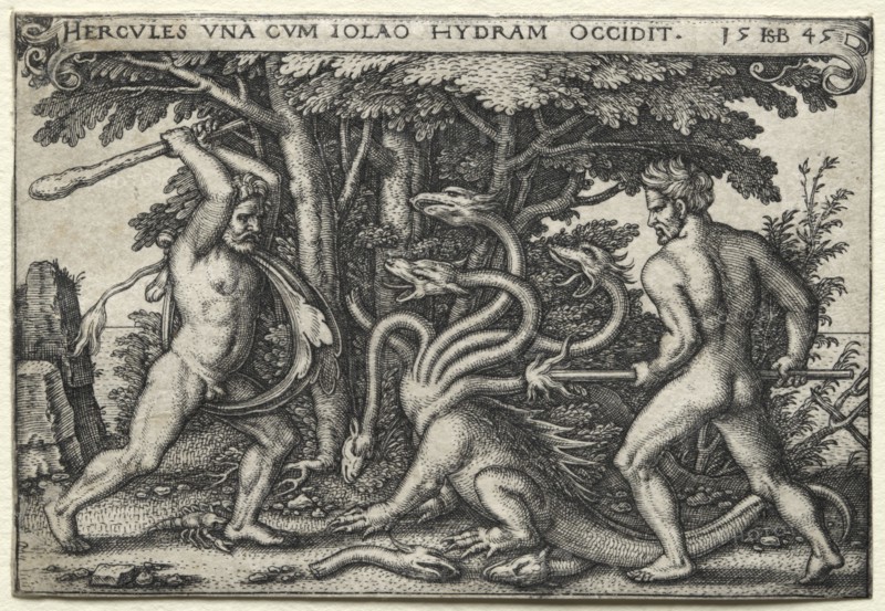 The Labors of Hercules: Hercules Killing the Lernean Hydra, 1545. Hans Sebald Beham (German, 1500-1550). Engraving