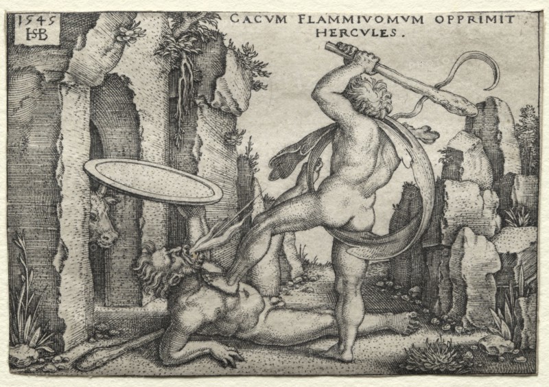 The Labors of Hercules: Hercules Killing the Giant Cacus, 1545. Hans Sebald Beham (German, 1500-1550). Engraving