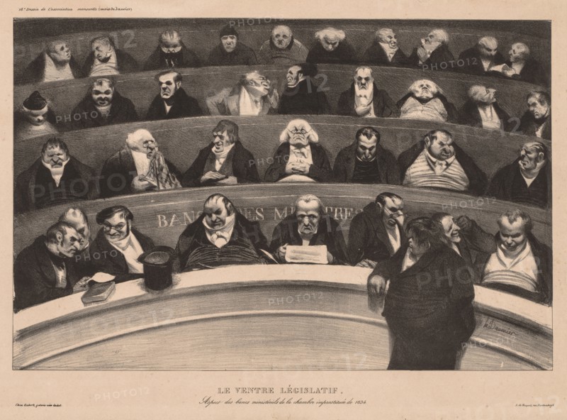 The Monthly Association (plate 18): The Legislative Belly, 1834. Honoré Daumier (French, 1808-1879), Aubert. Lithograph; sheet: 36.2 x 55.7 cm (14 1/4 x 21 15/16 in.); image: 28.1 x 43.1 cm (11 1/16 x 16 15/16 in.)