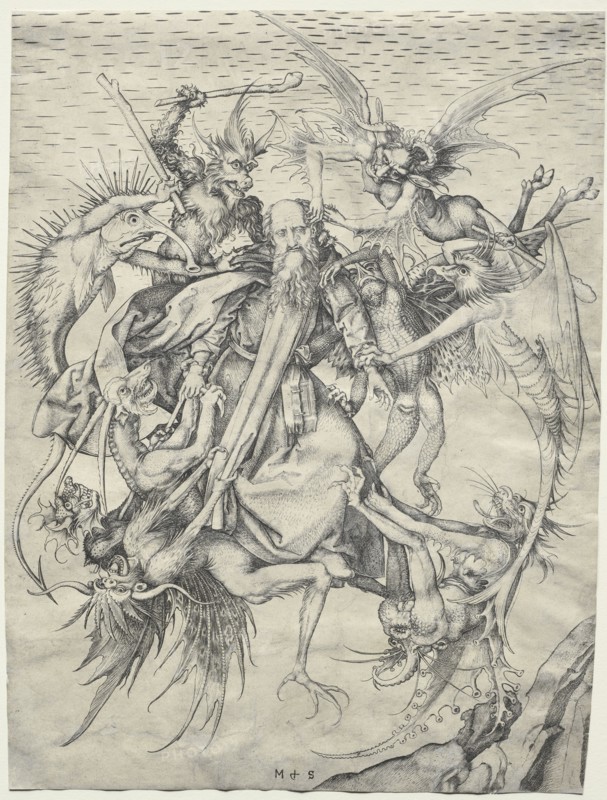 St. Anthony tormented by the Devils, 1400s. Martin Schongauer (German, c.1450-1491). Engraving; sheet: 29.9 x 22.1 cm (11 3/4 x 8 11/16 in.)