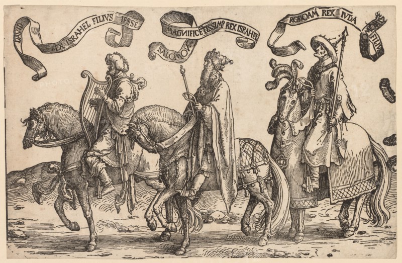 The Twelve Kings of Israel:  David, Solomon, Rehoboam, 1515-1517. Lucas van Leyden (Dutch, 1494-1533). Woodcut