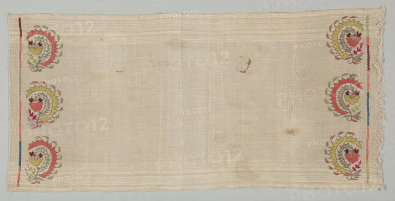 Embroidered Towel, 19th century. Turkey, 19th century. Embroidery: silk and metal strips on linen tabby ground; average: 76.2 x 36.2 cm (30 x 14 1/4 in.)