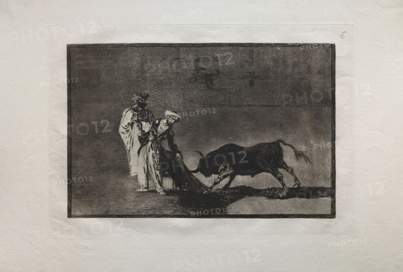 Bullfights:  The Moors Make a Different Play in the Ring Calling the Bull with the Burnous, 1876. Francisco de Goya (Spanish, 1746-1828). Engraving
