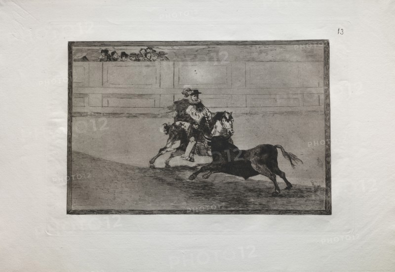 Bullfights:  A Spanish Mounted Knight in the Ring Breaking Short Spears Without the Help of Assistants, 1876. Francisco de Goya (Spanish, 1746-1828). Engraving