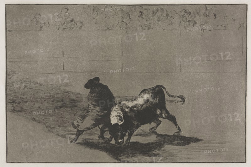 Bullfights:  The Very Skilful Student of Falces, Wrapped in his Cape, Tricks the Bull with the Play of his Body, 1876. Francisco de Goya (Spanish, 1746-1828). Engraving