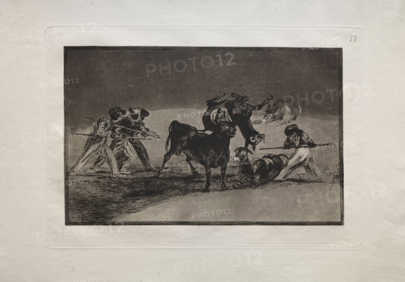 Bullfights:  The Moors Use Donkeys as a Barrier to Defend Themselves Against the Bull Whose Horns Have Been Tipped with Balls, 1876. Francisco de Goya (Spanish, 1746-1828). Engraving