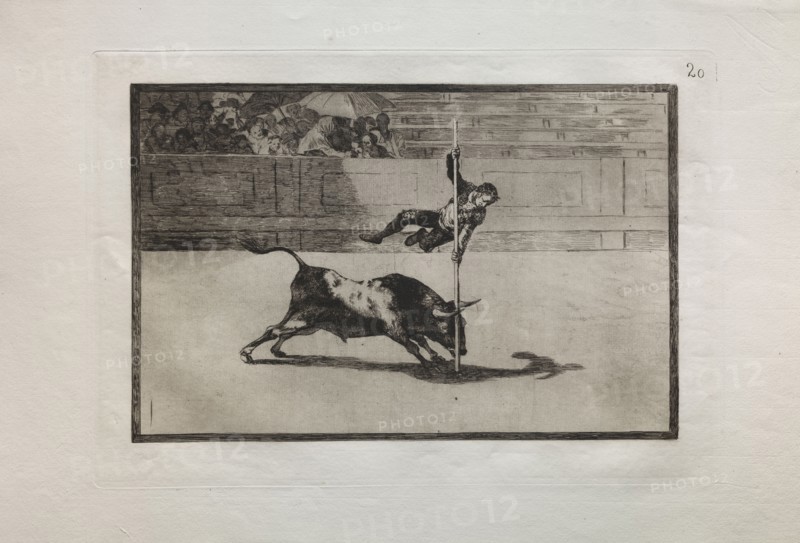 Bullfights:  The Agility and Audacity of Juanito Apinani in (the Ring) at Madrid, 1876. Francisco de Goya (Spanish, 1746-1828). Engraving