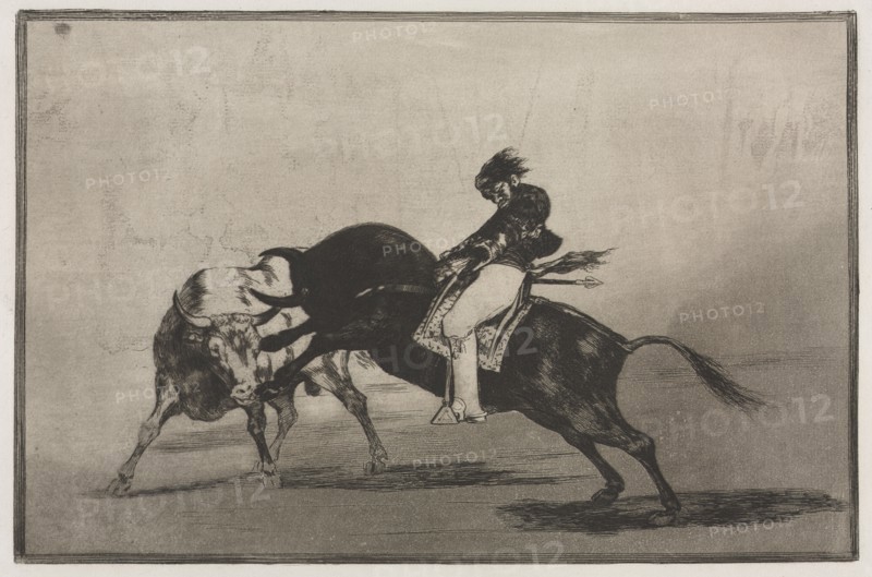 Bullfights:  The Same Ceballos Mounted on Another Bull Breaks Short Spears in the Ring at Madrid, 1876. Francisco de Goya (Spanish, 1746-1828). Engraving