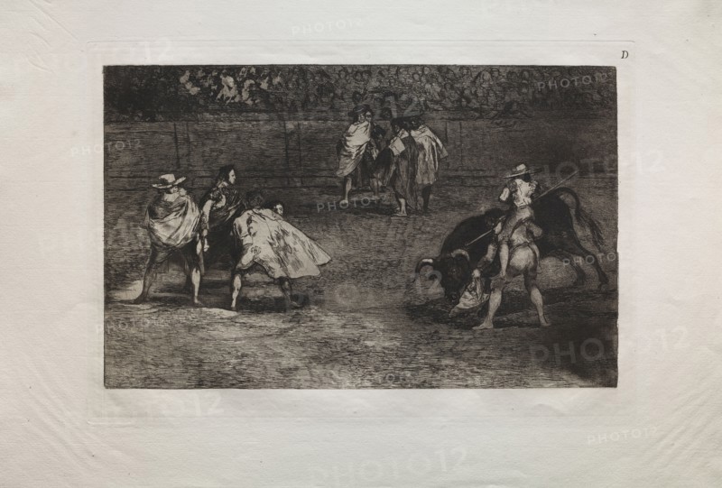 Bullfights:  A Bullfighter Mounted on the Shoulders of an Assistant, Spearing a Bull, 1876. Francisco de Goya (Spanish, 1746-1828). Engraving