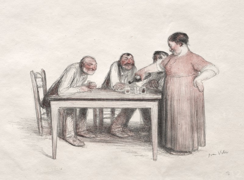 The Glass of Wine. Jean Veber (French, 1868-aft 1907). Color lithograph