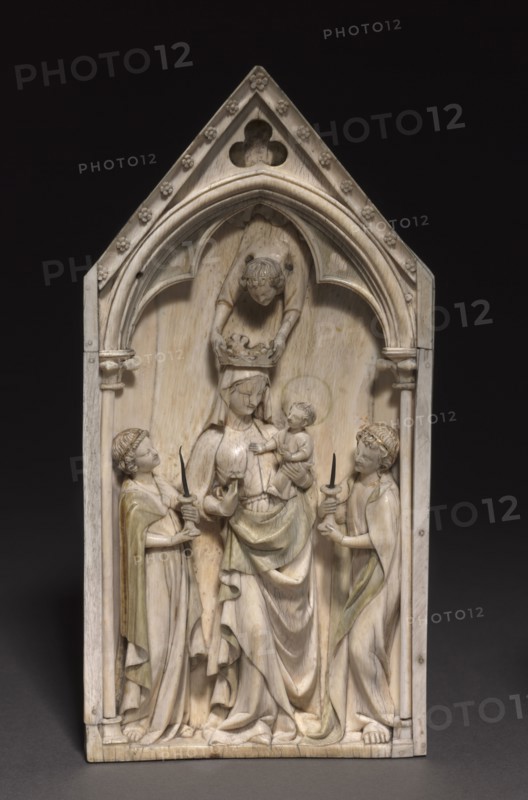 Plaque: The Virgin and Child with Angels, c. 1320-1330. France, Paris, Gothic period. Ivory, traces of paint and gilding; overall: 22.9 x 11.5 cm (9 x 4 1/2 in.).
