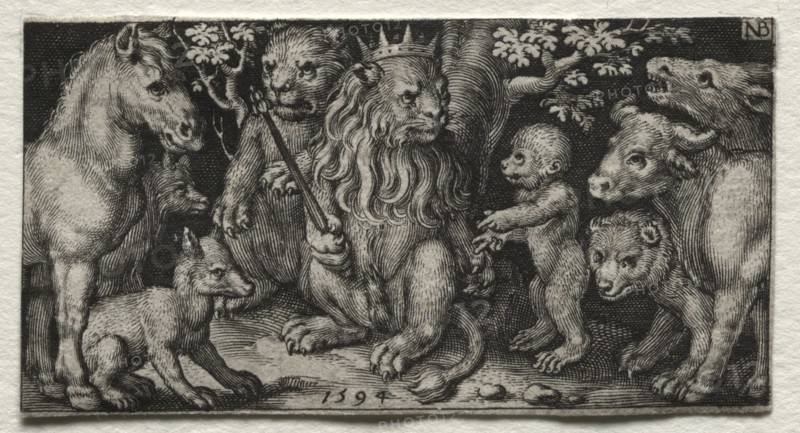 Fighting Chimeras and Scenes to Aesop's Fables: The King of Beasts, 1594. Nicolaes de Bruyn (Netherlandish, 1571-1656), A. van Londerseel. Engraving; sheet: 3.2 x 6.1 cm (1 1/4 x 2 3/8 in.).
