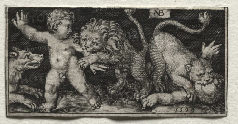 Fighting Chimeras and Scenes to Aesop's Fables: Lions Attacking Children, 1594. Nicolaes de Bruyn (Netherlandish, 1571-1656), A. van Londerseel. Engraving; sheet: 2.8 x 5.7 cm (1 1/8 x 2 1/4 in.).