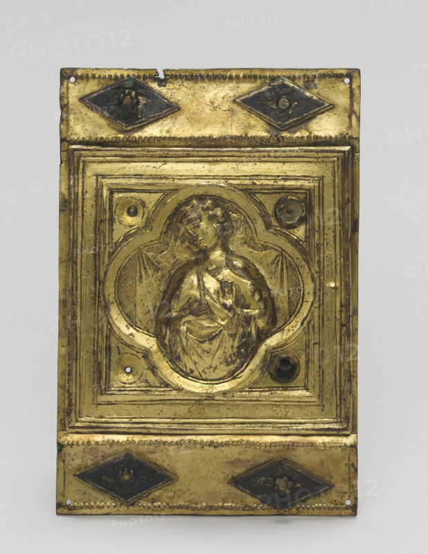 Ornamental Plaque, c. 1380-1400. Italy, Tuscany, 14th century. Champlevé enamel, glass paste stones, and gilding on copper; overall: 11.2 x 7.7 cm (4 7/16 x 3 1/16 in.).