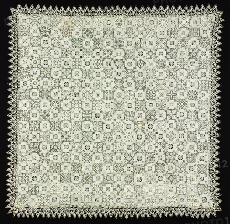 Cloth with Floral and Vegetal Patterns, 1560-1600. Italy, 16th century. Needle lace, filet/lacis (knotted ground and darned in two directions), alternating reticella squares (open cutwork), and bobbin lace edging; bleached linen (est.); mounted: 148 x 151.1 cm (58 1/4 x 59 1/2 in.); overall: 145.1 x 144.2 cm (57 1/8 x 56 3/4 in.)