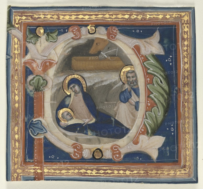 Historiated Initial (P) Excised from a Gradual: The Nativity, c. 1350-1375. Attributed to Lippo Vanni (Italian). Ink, tempera, and gold on parchment; sheet: 10 x 11 cm (3 15/16 x 4 5/16 in.)