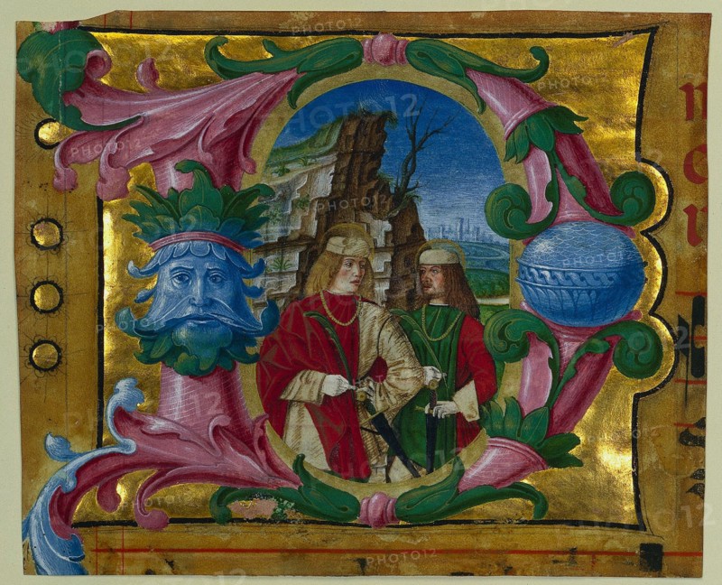 Historiated Initial (D) Excised from a Choir Book: Two Martyr Saints, c. 1500-1510. Circle of Girolamo dai Libri (Italian, 1474-1555). Ink, tempera, and gold on parchment; sheet: 18.4 x 21.9 cm (7 1/4 x 8 5/8 in.)