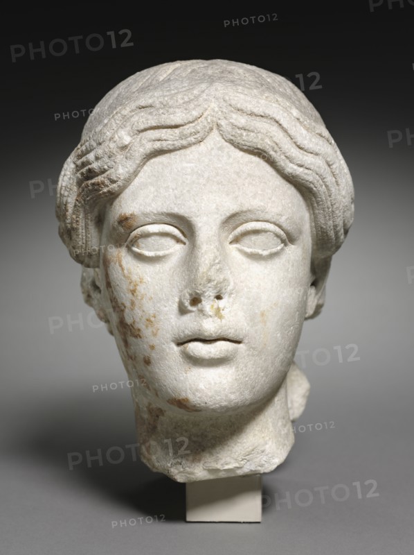 Head of a Woman, 1-15. Italy, Roman, early 1st Century. Marble; overall: 21 cm (8 1/4 in.).