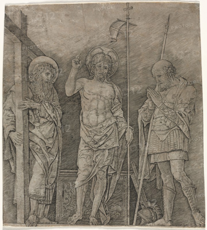 The Risen Christ between St Andrew and Longinus, early 1470's. Andrea Mantegna (Italian, 1431-1506). Engraving; sheet: 30.4 x 27.1 cm (11 15/16 x 10 11/16 in.)
